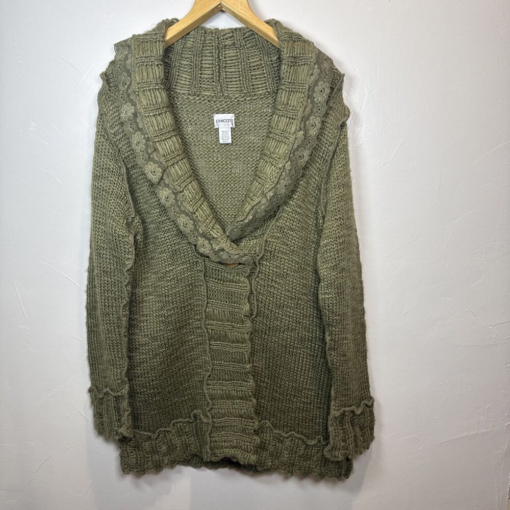 Chico's Green Collared Sweater Size Medium One Button Open Knit Floral Lace